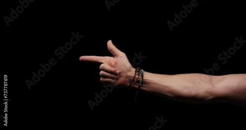 Hand gestures with alpha channel. Pre keyed. Pretending to be a pistol, muscular male hand, wristbands, frontside photo