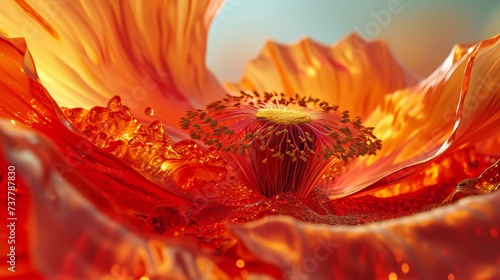 the symphony of a solid poppy cascade against the solid broken and wet earth, each petal showcased in macro close-up shots. photo