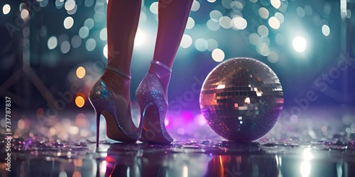 Woman's legs in high heels next to a disco ball. The concept of dance and party. photo