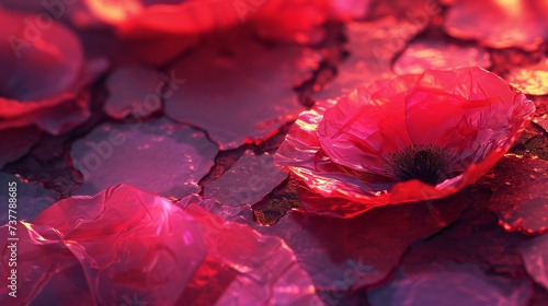 Waltz through the dusk-touched ruby hues of solid poppies on the cracky and dry terrain, their dance captured in macro shots. photo