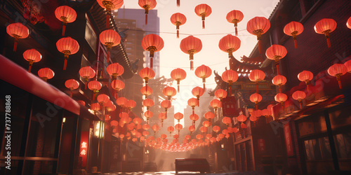 streets filled with lanterns with dim lights Red lanterns hung in streets as decoration for new year on bright background Ai Generative 