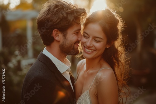 Photo of a couple embracing and sharing a kiss in front of their new property, surrounded by family and friends, celebrating their journey and the love that brought them there. 