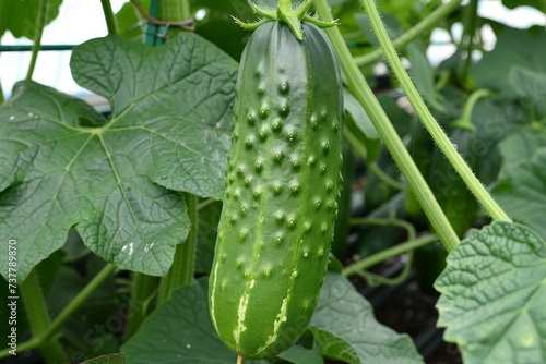Beautiful climbing cucumber plant growing and thriving in a bountiful vegetable garden