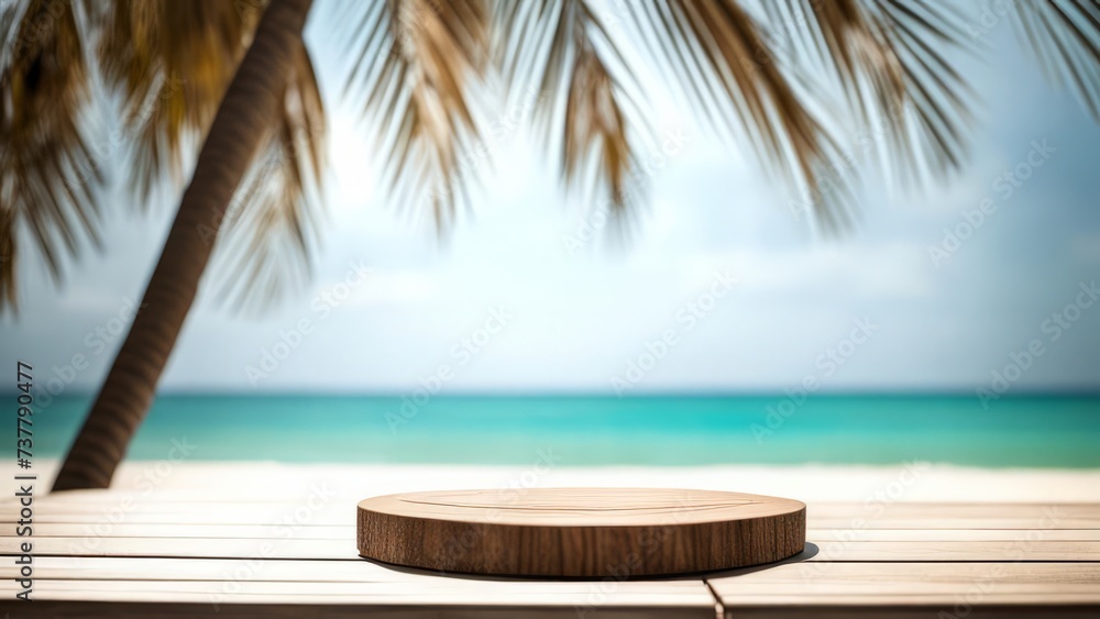 A stand for advertising products with a tropical background. A stand for advertising products with a tropical background.