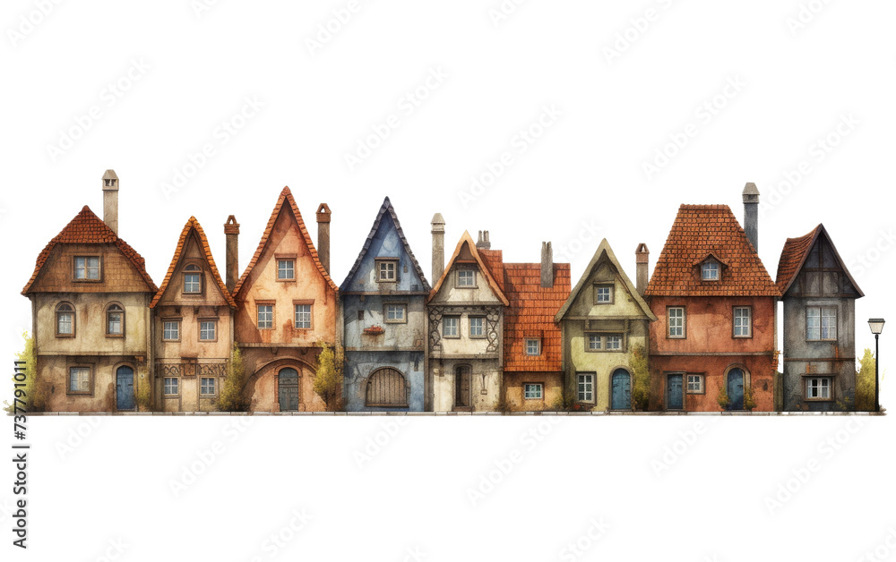 Authentic Rustic European Village Houses Image on white background