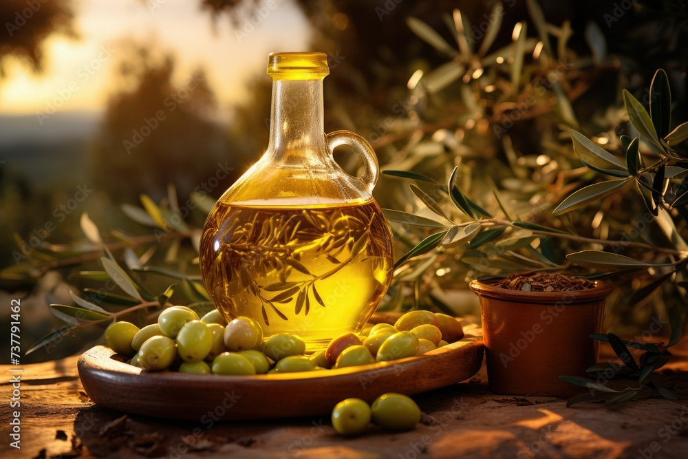 Freshly squeezed olive oil and olives, harvest olives and olive oil, olives and olive oil on the table, virgin olive oil Freshly squeezed olive oil and olives, harvest olives and olive oil, olives and olive oil on the table, virgin olive oil