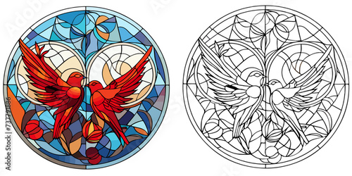 Lovebirds with Presents Coloring Page Stained Glass Vector Art