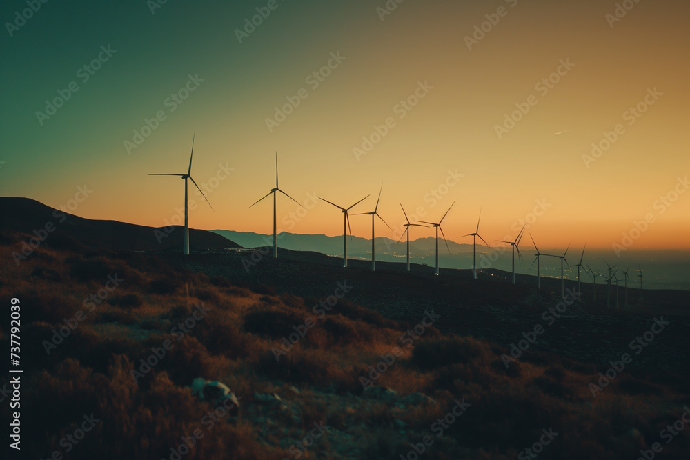 Twilight Over Wind Turbines on a Desert Hillside