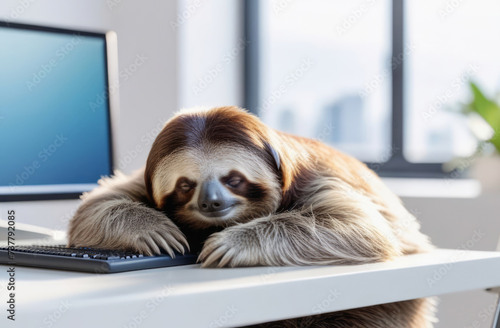 Naklejka premium Sloth sleeps at the computer, fatigue, laziness concept.