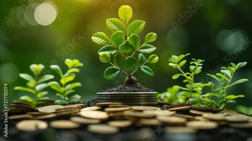 Business Finance and Money concept, Save money, Plant Growing, Investing and Business concept, Stack of coins and small trees copy space, morning sunlight