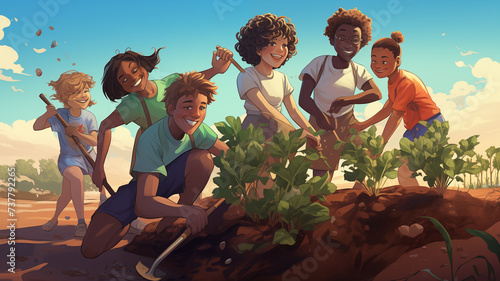 Multiracial, diverse group of children planting fruit trees. Ecology activists, Environment activism and earth day concept. photo