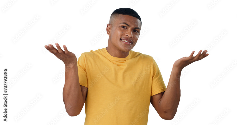 Portrait, confused and man shrug with why hands on isolated, transparent or png background. Doubt, questions and male model face with palm scale choice, dont know or whatever body language expression Portrait, confused and man shrug with why hands on isolated, transparent or png background. Doubt, questions and male model face with palm scale choice, dont know or whatever body language expression