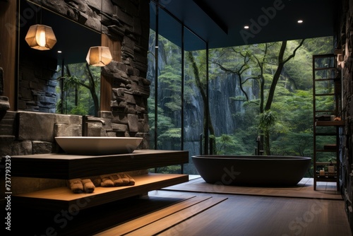 Japanese modern style hotel bathroom design in the forest, luxurious villa design in the forest, Japanese style bathroom