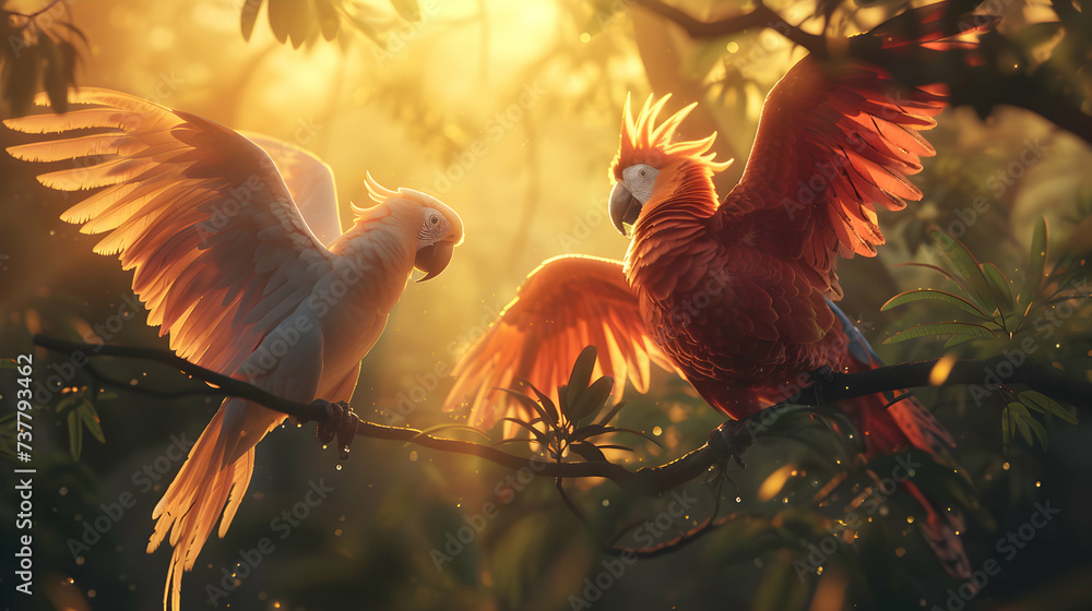 Two beautiful macaw parrot sits in a lush forest  - obrazy, fototapety, plakaty 