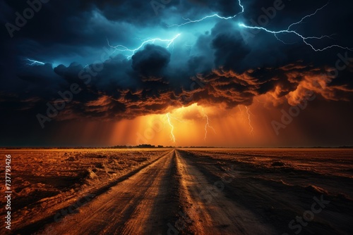 Thunderstorm, lightning strikes the plain, lightning in the clouds, summer thunderstorm