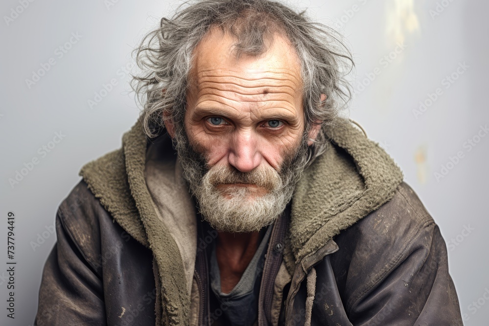 Photo of homeless man, 55 years old, illustrating the emotional complexities associated with homelessness on a solid muted beige background. Photo of homeless man, 55 years old, illustrating the emotional complexities associated with homelessness on a solid muted beige background.