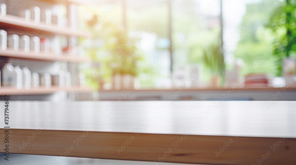 An empty wooden countertop on a blurred background of a beauty salon, a cosmetics store. Background for the presentation of pharmaceuticals, medicines, vitamins, dietary supplements, sports nutrition. An empty wooden countertop on a blurred background of a beauty salon, a cosmetics store. Background for the presentation of pharmaceuticals, medicines, vitamins, dietary supplements, sports nutrition.