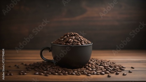Morning Bliss: A Steaming Coffee black Mug Paired with Fresh Coffee Beans