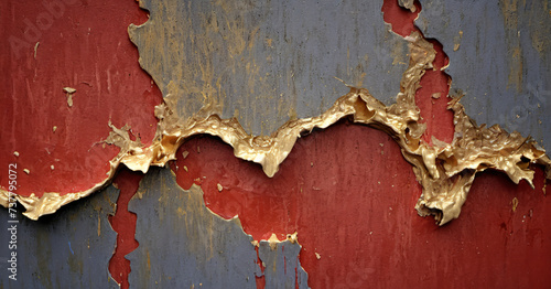 Peeling Paint Revealing Red and Blue Wall photo