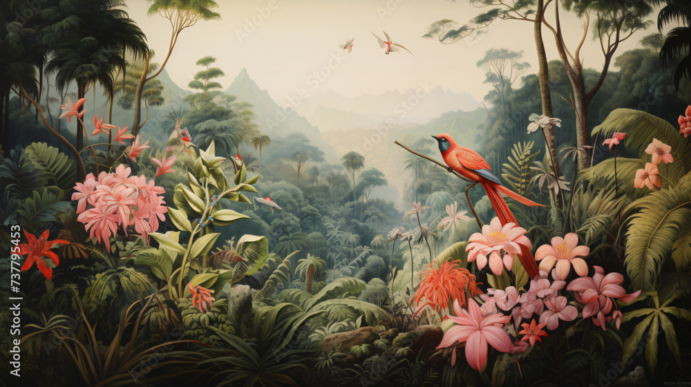 Fototapeta premium A painting of a tropical jungle