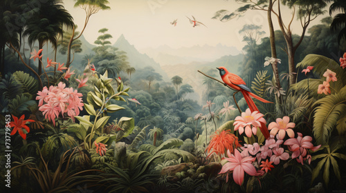 A painting of a tropical jungle