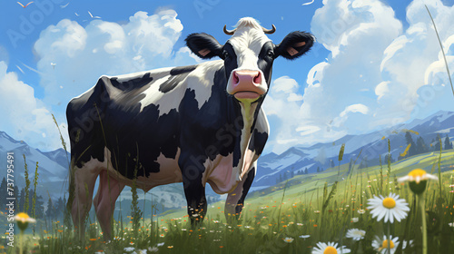A black cow with white spots grazes on a flower-covered field.
