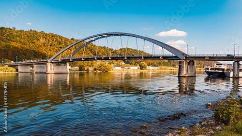 Summer view with reflections and a bridge at Vilshofen, Danube, Bavaria, Germany