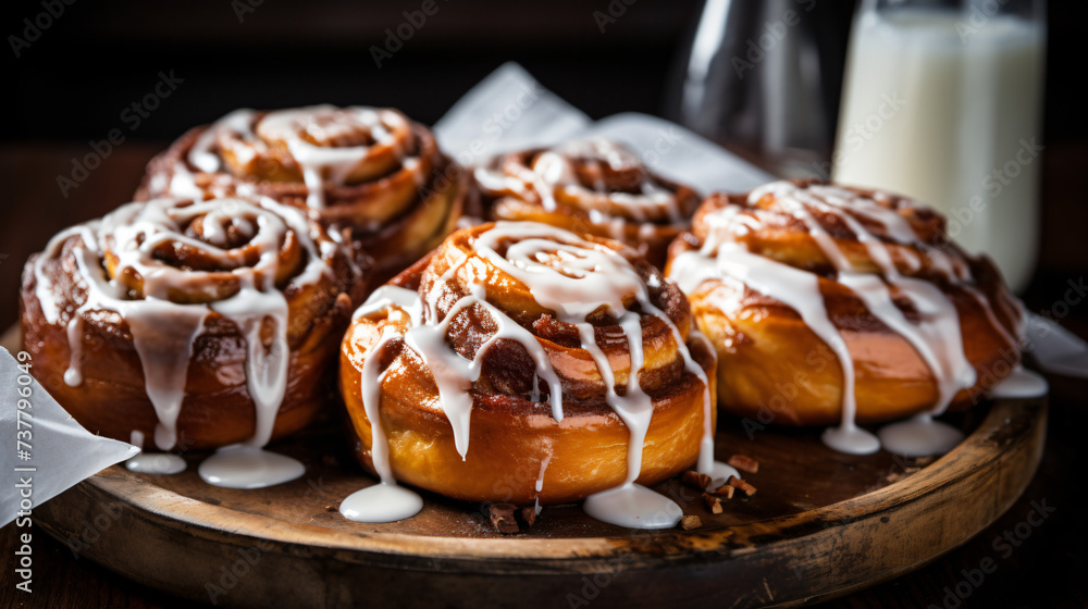 A bunch of cinnamon rolls with icing on a table.