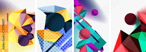 Set of geometric abstract composition with spheres and triangles. Vector illustration For Wallpaper, Banner, Background, Card, Book Illustration, landing page