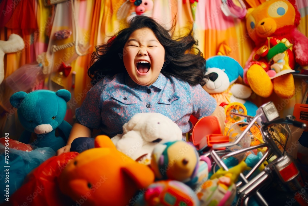 
Photograph a joyful obese girl, 8 years old, of Asian heritage, laughing while playing with toys in her colorful bedroom