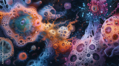 Imagine an imaginative representation of a microbe using intricate patterns and vibrant colors revealing its hidden beauty and complexity