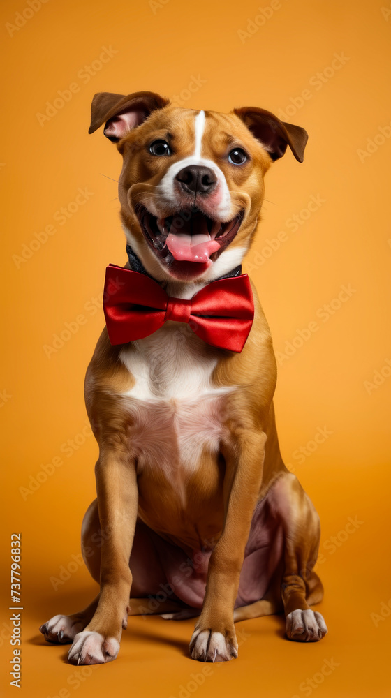 Brown and white dog sitting with red bow tie on its head.