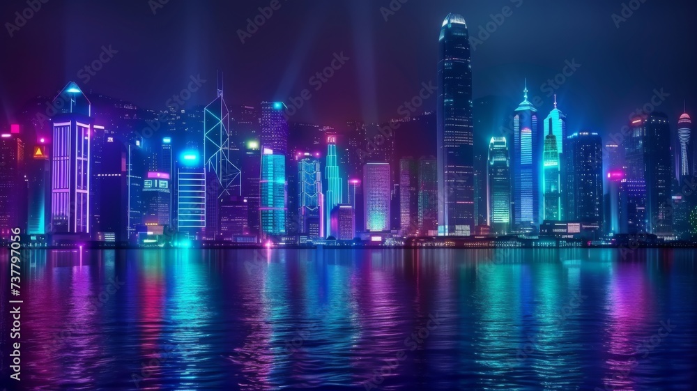 Cyberpunk City Lights Reflection - Neon lights and futuristic architecture dominate this cityscape, with a stunning reflection that hints at the narrative of cyberpunk aesthetics and the blend of tech