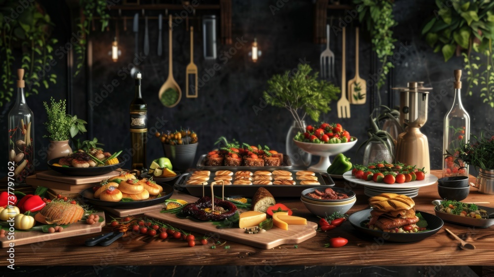 Rustic Feast of Gourmet Delights - An array of gourmet foods laid out on a rustic table, offering a visual feast that tempts the senses with a variety of textures, colors, and flavors, epitomizing the