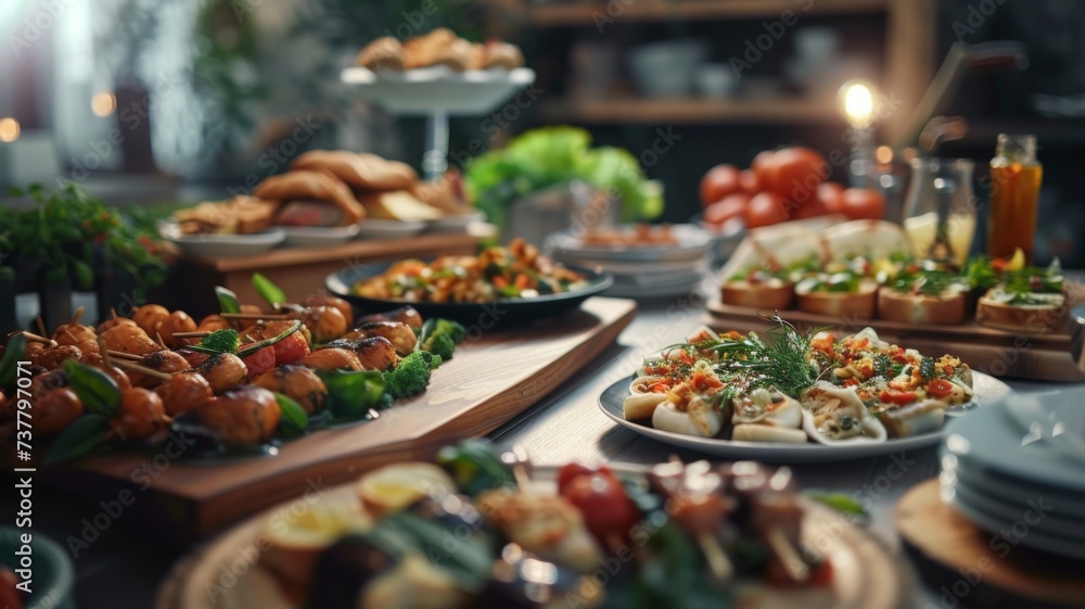Savory Selection in Elegant Buffet - A sumptuous buffet spread featuring a variety of savory dishes, showcasing the art of catering and the pleasure of indulging in a feast for the senses.