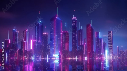 Neon Urban Dreamscape Reflections - A mesmerizing urban skyline adorned with neon lights and reflected in the tranquil water below  embodying the pulse of city life and the future of urban landscapes.