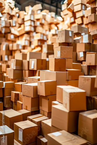 Large stack of brown boxes all with different shapes and sizes is piled high on one another.