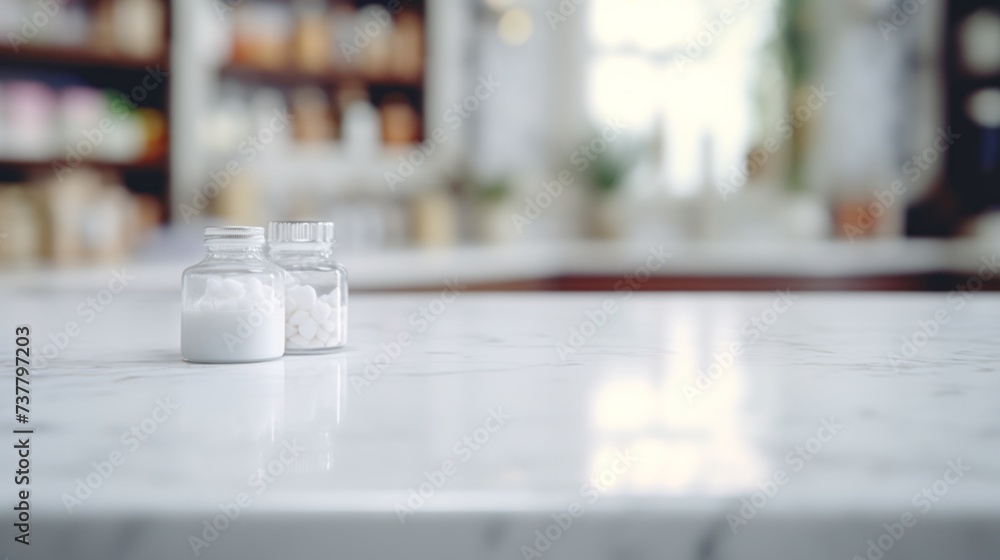 An empty white marble countertop against the blurred background of a pharmacy. Copy space for the presentation of your products, cosmetics, Sports nutrition, Medicines, Vitamins, dietary supplements. An empty white marble countertop against the blurred background of a pharmacy. Copy space for the presentation of your products, cosmetics, Sports nutrition, Medicines, Vitamins, dietary supplements.