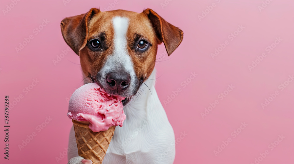 jack russell terrier Dog with ice cream, summertime, pink background
