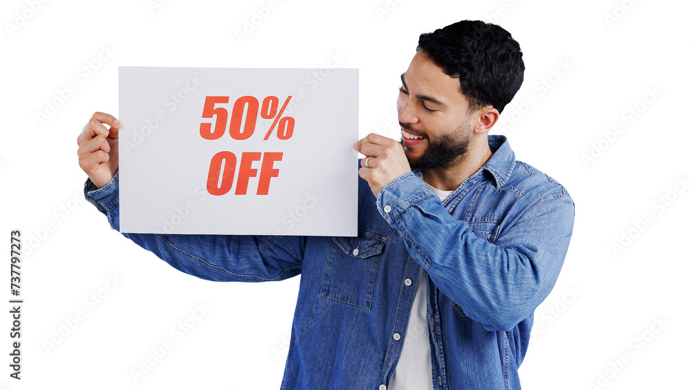 Man, smile and poster for sale, news or information on isolated, transparent or png background. Banner, announcement and happy male person with notice of retail, discount or shopping mall promotion Man, smile and poster for sale, news or information on isolated, transparent or png background. Banner, announcement and happy male person with notice of retail, discount or shopping mall promotion