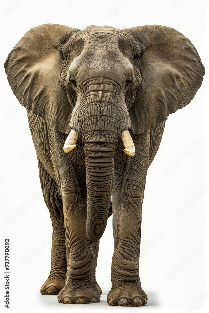 Large grey elephant with tusks and trunk.