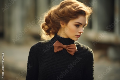 A lady wearing a trendy bow-adorned sweater on the neckline, adding a touch of elegance to her winter ensemble photo