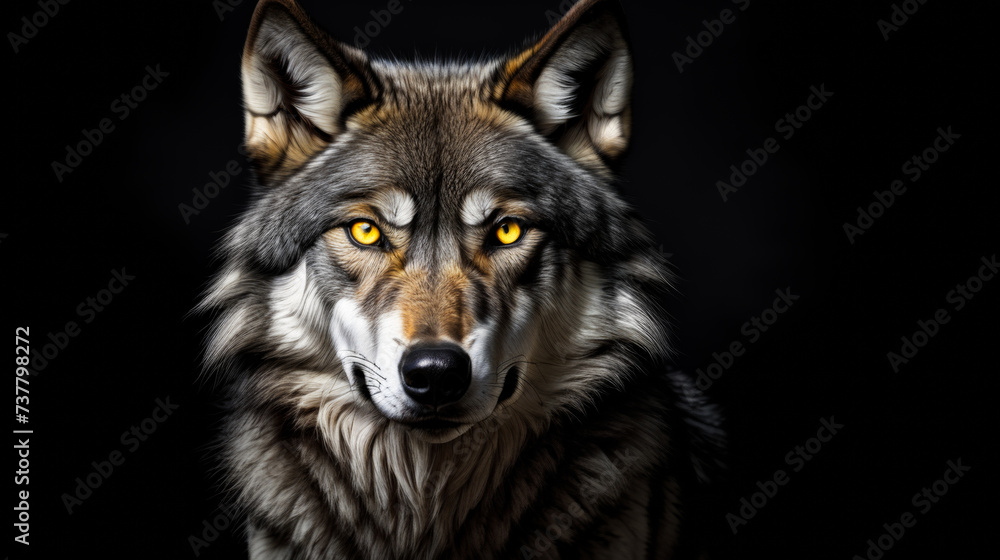 Close up of wolf with glowing eyes.