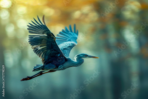 Blue heron is flying through forest with its wings spread wide.