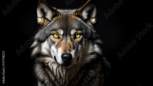 Close up of wolf with glowing eyes.