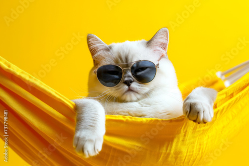 Cat is lounging in hammock while wearing sunglasses and looking into the camera.