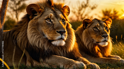 Two lions are laying down in grassy field with trees in the background at sunset.