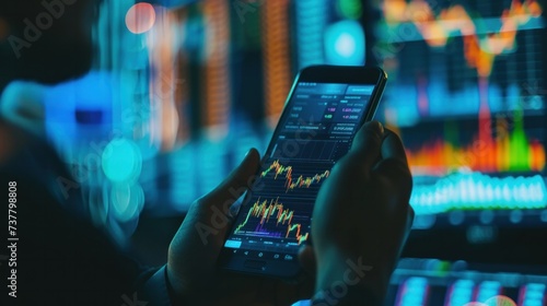Trader looking to charts on mobile phone, trading chart on the computer screen, cryptocurrency or stock exchange market analysis