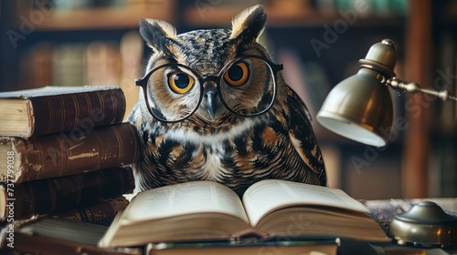 An owl wearing oversized reading glasses, surrounded by miniature books and a tiny lamp. Fairy tale illustration.  photo
