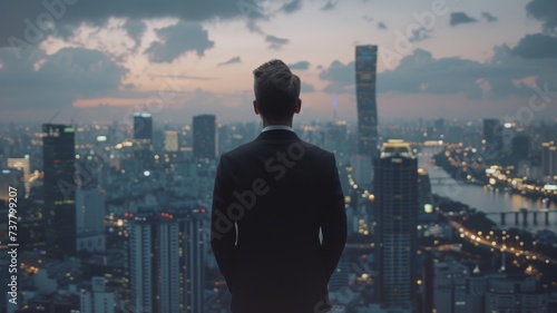 Businessman's Horizon at Dusk - Alone business man overlooks the urban expanse as the sun sets reflecting on goals and the future of business
